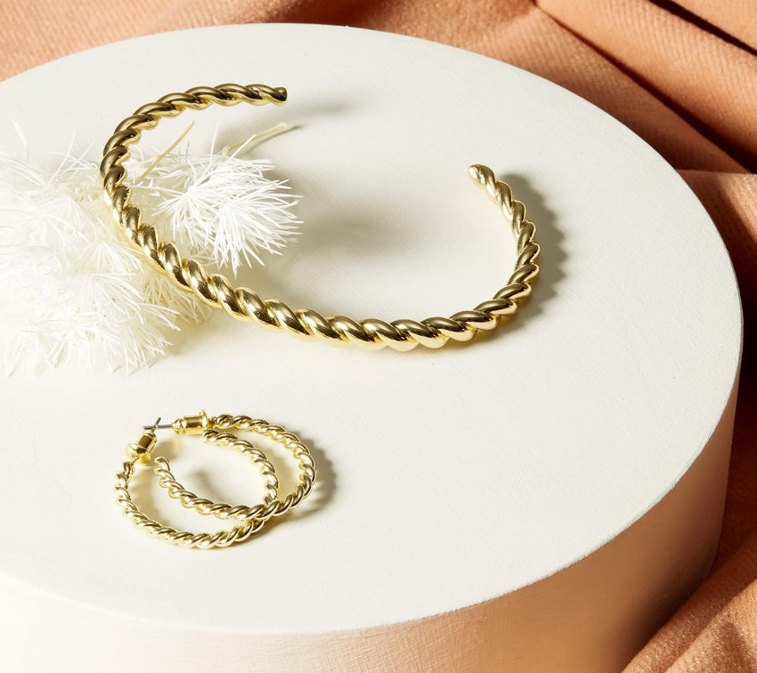 PAVOI Gold Plated Twisted Chunky Bangle Bracelet | 14K Gold Plated | Lightweight Everyday Jewelry