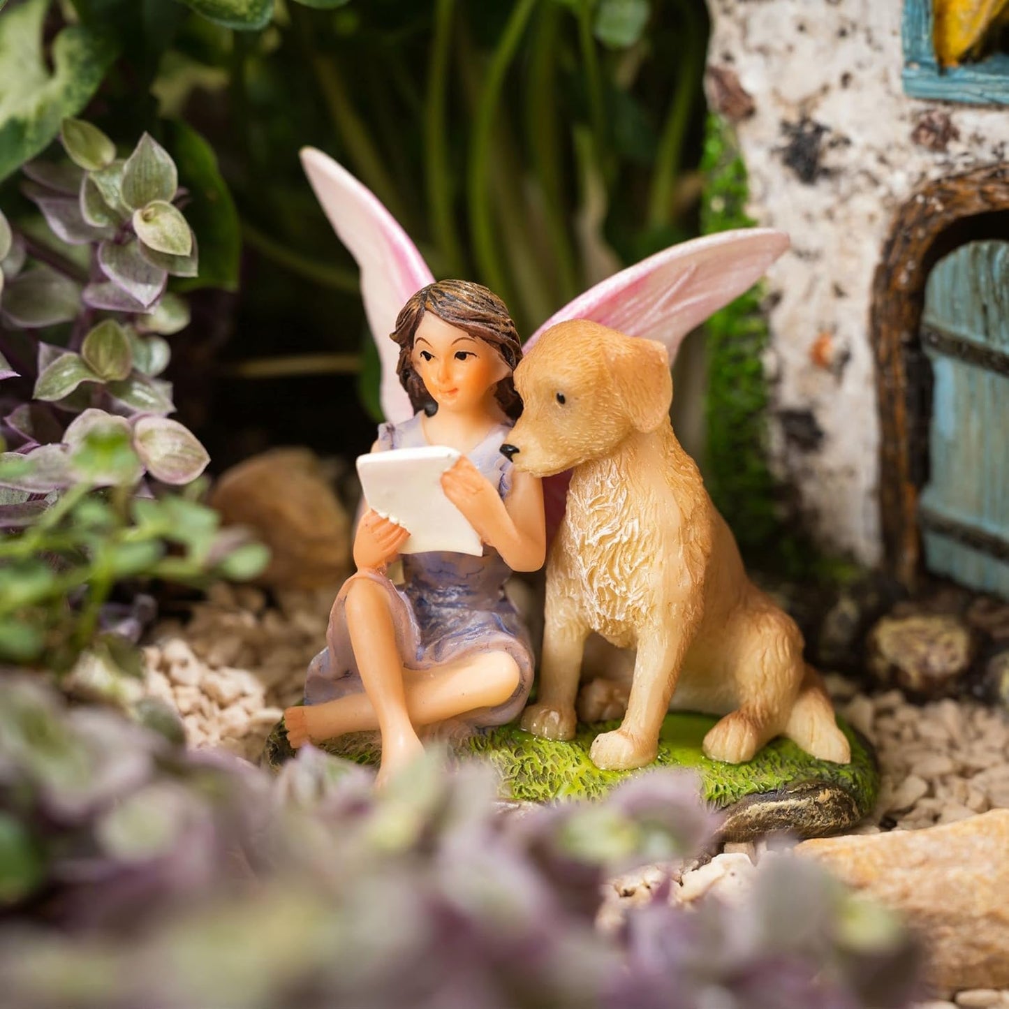 PRETMANNS Fairy House Kit - Fairy Garden Accessories for Outdoor Miniature Village Decor, with Fairies & Sign - Pinecone House, 6.5' High & Door can Open Wide - 4 Piece Supplies