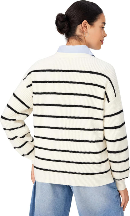 CIDER Women's Striped Knit Cardigan Button Down V Neck Fall Fashion Casual Sweater