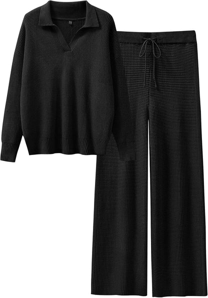 ANRABESS Women Two Piece Outfits Sweater Sets Lounge Waffle Knit Pullover Matching Wide Leg Pants Tracksuit 2025 Fall Fashion