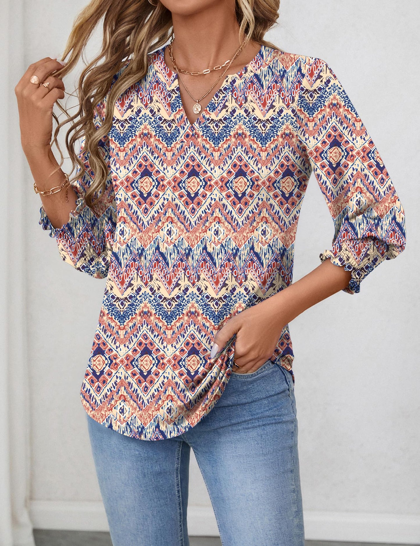LOMON Blouses for Women Dressy Casual 3/4 Sleeve Tops for Women V Neck T Shirt Ladies Tops and Blouses Orange Blue Print L