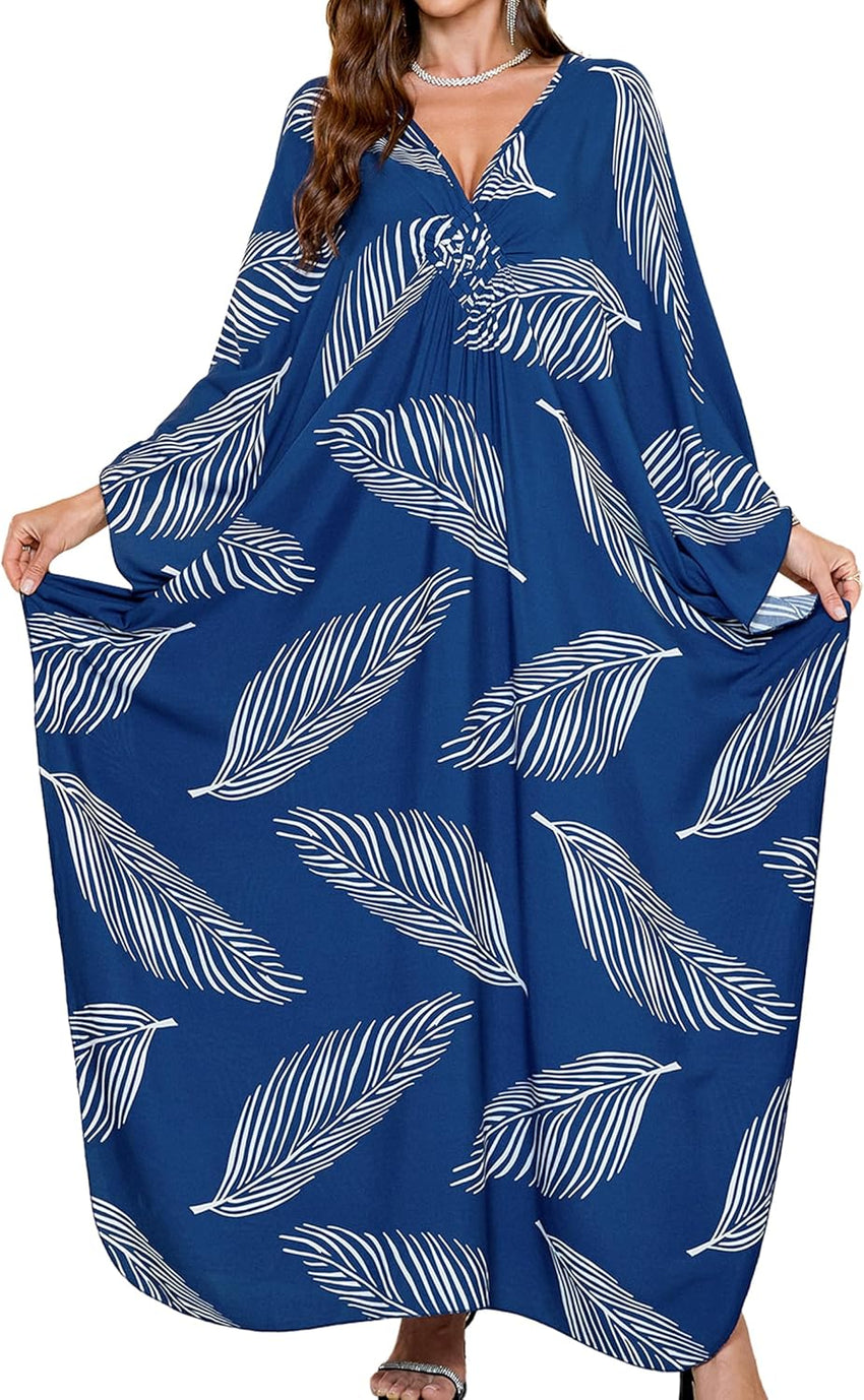 Women Kaftan Dresses Plus Size V-Neck Batwing Sleeves Beach Cover Up 2025 Summer Floral Print Caftan Dress
