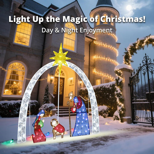 Outdoor Nativity Scene Set Christmas Decorations, 52" H Lighted Arch Holy Family Holiday Yard Decors Set, 115 Warm White LED Lights, Classic Xmas for Lawn, Garden, Easy Assembly