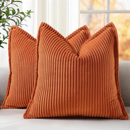 decorUhome Christmas Corduroy Cream White Throw Pillow Covers 18x18 Set of 2 Decorative Soft Boho Farmhouse Euro Couch Pillow Covers for Living Room Bed Sofa Broadside Striped Pillow Cases
