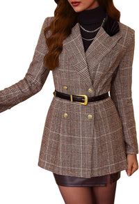 Mina Self 2025 Fall Women's Plaid Blazer - Houndstooth Long Double-Breasted Fully-Lined Slim Casual Work Office Jacket