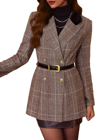 Mina Self 2025 Fall Women's Plaid Blazer - Houndstooth Long Double-Breasted Fully-Lined Slim Casual Work Office Jacket