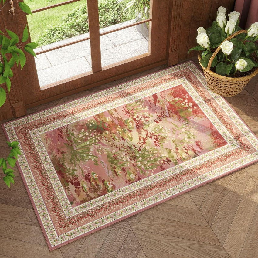 Rugcomf 4x6 Rug for Bedroom Impressionist-Style Vintage Washable Rugs Non Slip Low Pile Small Carpet for Bedside Kids Room Office Dining Room, Green
