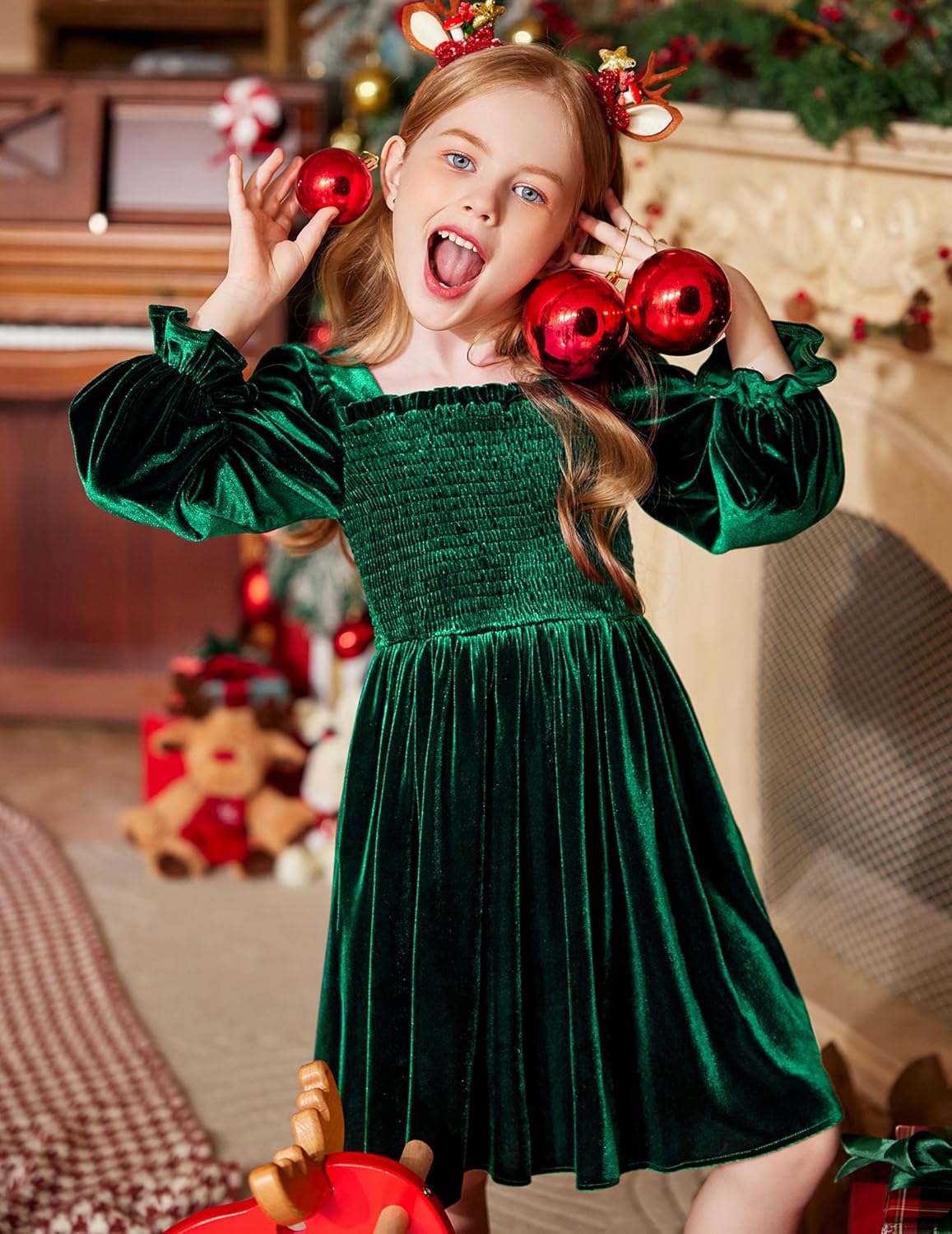 Arshiner Toddler Velvet Dress Girls Smocked Square Neck Puff Long Sleeve Party Dresses with Pockets 3-8Y