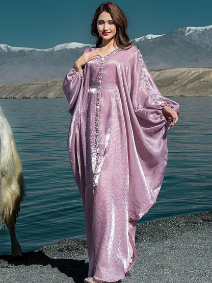 Elegant Butterfly Shine Abaya Dress, Dusty Rose, V-Neck Muslim Dress with Crystal Hand Beading, Kaftan Style, One-Size