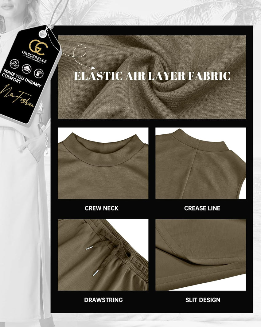 GRECERELLE Two Piece Skirt Sets for Women Summer Outfits with Pockets Lounge Sets Mock Neck Tops Split Maxi Skirt