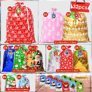 AhfuLife 32pcs Christmas Drawstring Gift Bags with Tags, 5 Assorted Size Xmas Gift Wrapping Bags, Christmas Extra Large Medium Small Gift Bags Bulk for Party Decorations