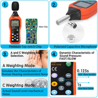 PT6708 Sound Level Meter, Digital Decibel Reader Measurement, Range 30-130 dB, Accuracy 1.5dB Noise Meter with Large LCD Screen Display, Fast and Slow Selection (Batteries Include)