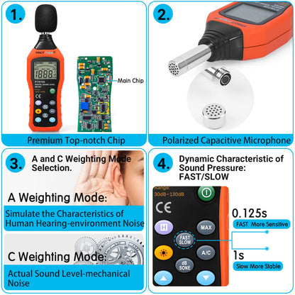 PT6708 Sound Level Meter, Digital Decibel Reader Measurement, Range 30-130 dB, Accuracy 1.5dB Noise Meter with Large LCD Screen Display, Fast and Slow Selection (Batteries Include)