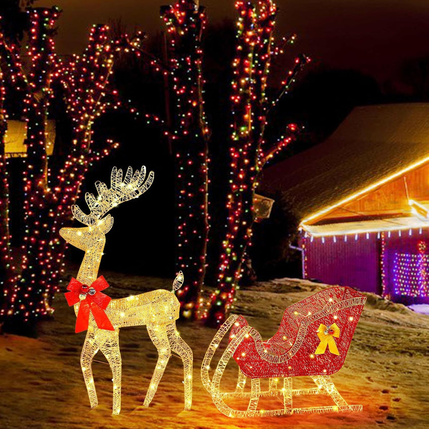 Yescom 3-Piece Large Pre-Lit LED Reindeer Christmas Decor, 110V Plug-in Light Up Deer Family Set Outdoor Decorations for Yard Holiday, 3D Golden Outside Patio Deck Lawn Ornaments with Stack 2025 Xmas