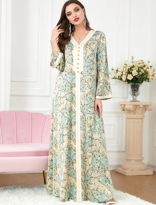 FYMNSI Abaya Dress for Women Muslim Modest Maxi Robe Floral V Neck Eid Prayer Dresses Dubai Clothing Arabian Islamic Kaftan