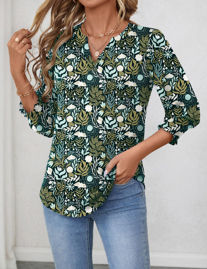 LOMON Blouses for Women Dressy Casual 3/4 Sleeve Tops for Women V Neck T Shirt Ladies Tops and Blouses Orange Blue Print L