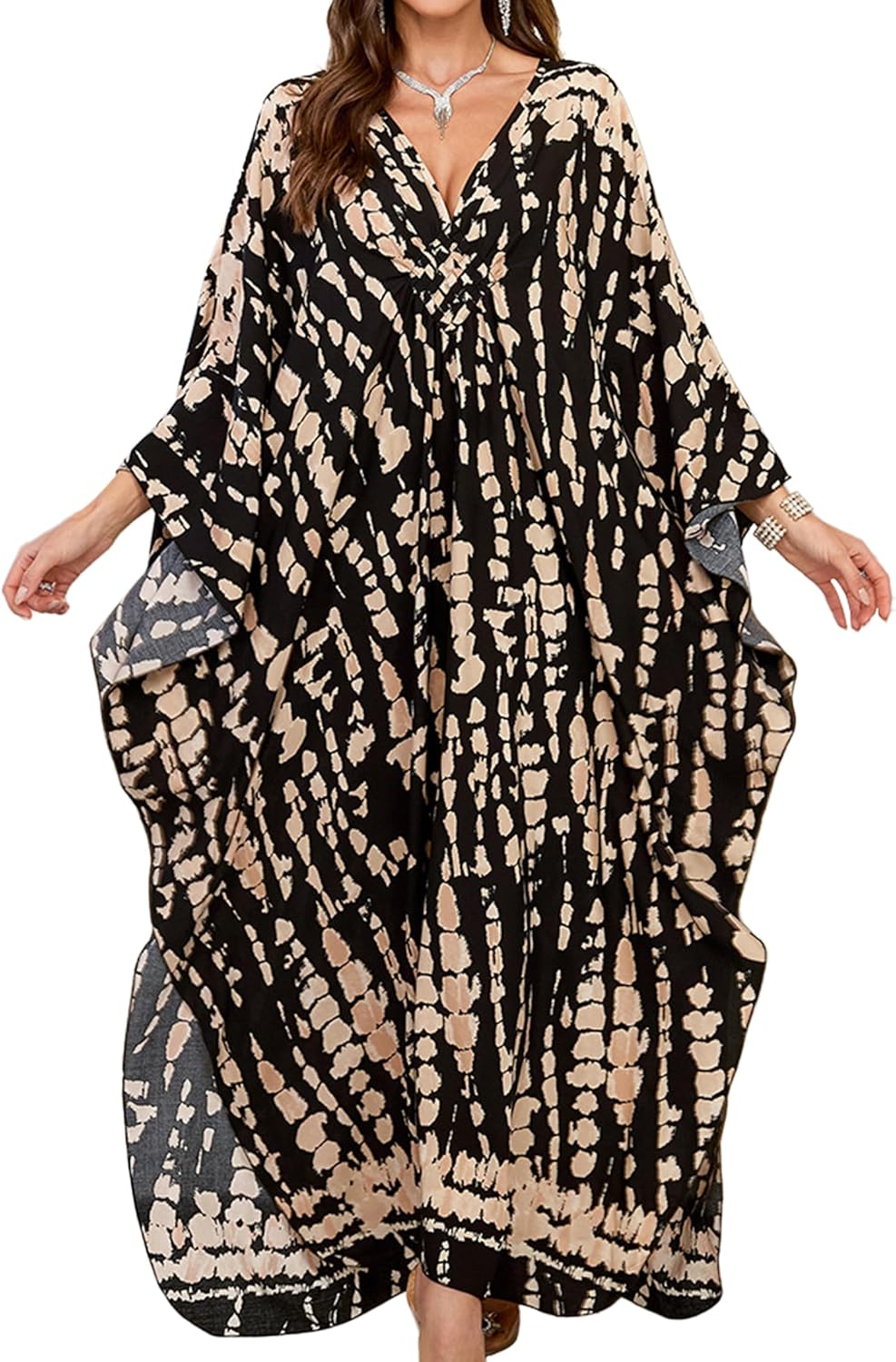 Women Kaftan Dresses Plus Size V-Neck Batwing Sleeves Beach Cover Up 2025 Summer Floral Print Caftan Dress
