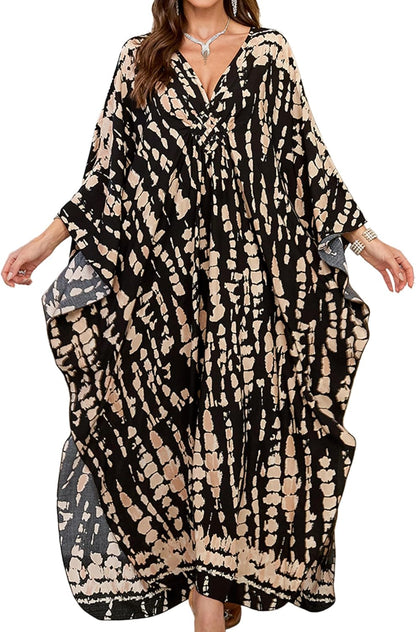 Women Kaftan Dresses Plus Size V-Neck Batwing Sleeves Beach Cover Up 2025 Summer Floral Print Caftan Dress