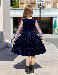 Arshiner Girls Dresses Contrast Mesh Velvet Long Sleeve A-Line Vintage Party Dress with Pockets