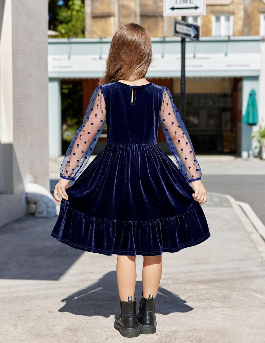 Arshiner Girls Dresses Contrast Mesh Velvet Long Sleeve A-Line Vintage Party Dress with Pockets