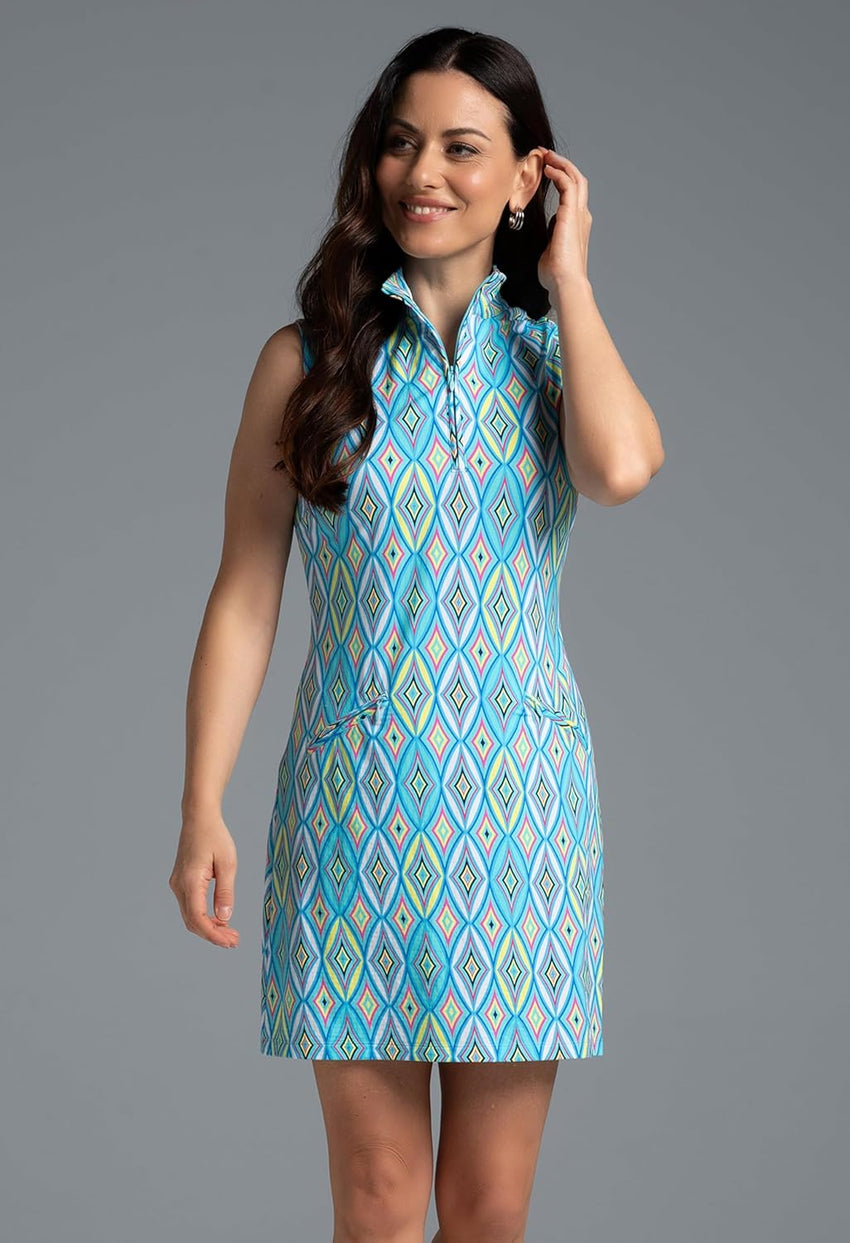 IBKUL Athleisure Wear Sun Protective UPF 50+ Icefil Cooling Romina Print Sleeveless Mock Dress - 58931