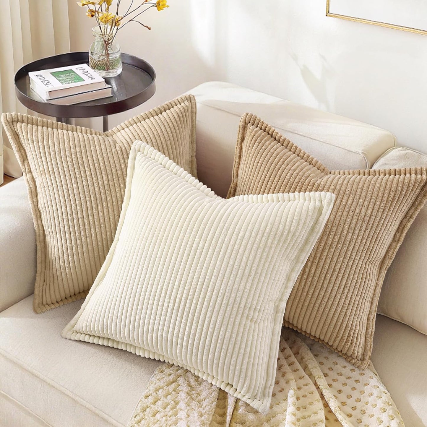 decorUhome Christmas Corduroy Cream White Throw Pillow Covers 18x18 Set of 2 Decorative Soft Boho Farmhouse Euro Couch Pillow Covers for Living Room Bed Sofa Broadside Striped Pillow Cases