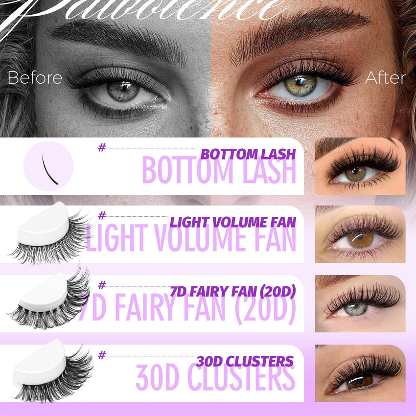 Pawotence Lash Extension Kit DIY 280pcs Lash Clusters Eyelash Extension Kit, 9-16mm 30D 40D Individual Lashes Kit with Lash Bond and Seal, Lash Tweezers for Self Use (30D&40D, 0.07D, 9-16mm, Kit)