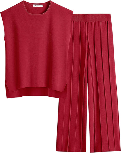 ANRABESS Women 2 Piece Lounge Sets Summer Casual Knit Sweater Vest Pant Set Beach Vacation Airport Clothes 2025 Fall Outfits