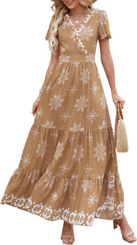 PRETTYGARDEN Womens 2025 Summer Casual V Neck Boho Maxi Dress Flowy Aline Bell Sleeve Tiered Floral Dresses with Pocket