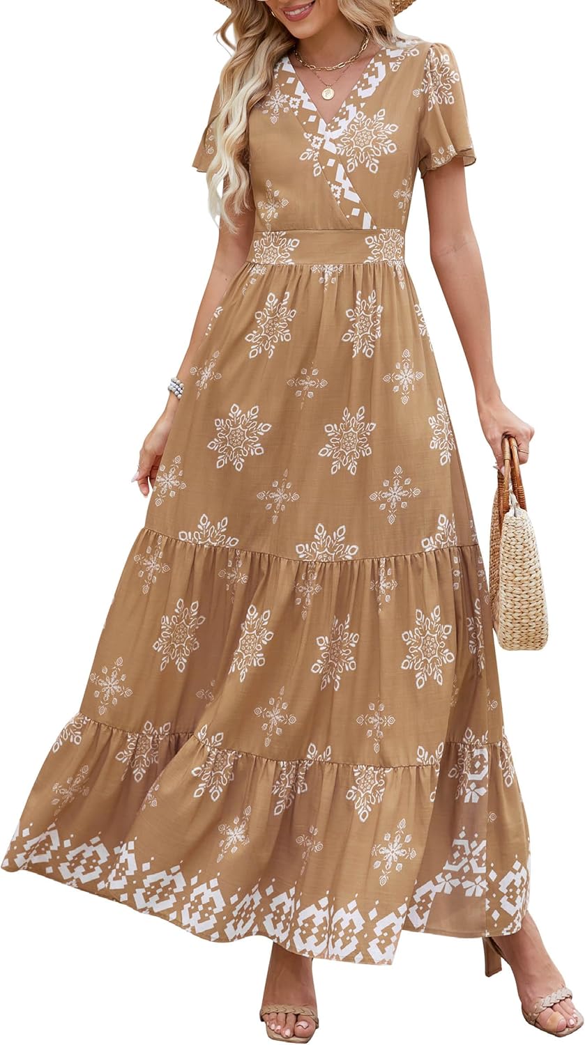 PRETTYGARDEN Womens 2025 Summer Casual V Neck Boho Maxi Dress Flowy Aline Bell Sleeve Tiered Floral Dresses with Pocket