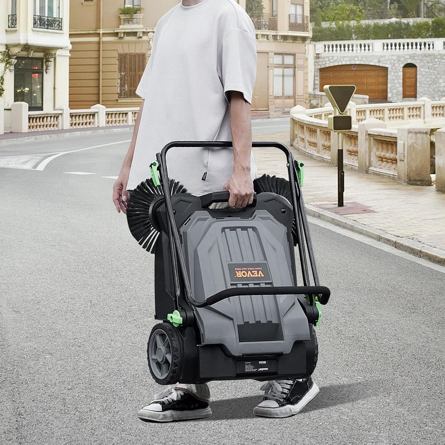 VEVOR Walk-Behind Hand Push Floor Sweeper, 25.6" Sweeping Width Floor Sweeper Manual Non-Electric, 5-Gallon Waste Container, Angle & Height Adjustable Folding Handle for Walkway, Yard, Garage, Patio