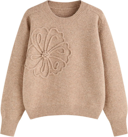 CIDER Women's Cute Sweater Crew Neck Long Sleeve Floral Pullover Fall Winter Sweaters Loose Fit Knit Top