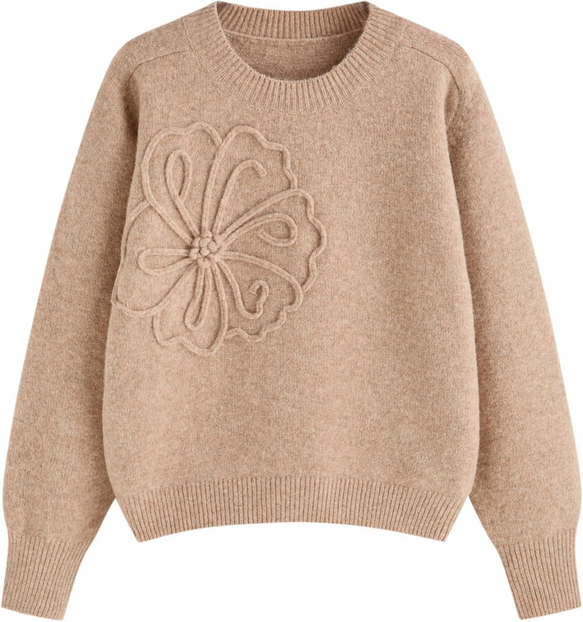 CIDER Women's Cute Sweater Crew Neck Long Sleeve Floral Pullover Fall Winter Sweaters Loose Fit Knit Top