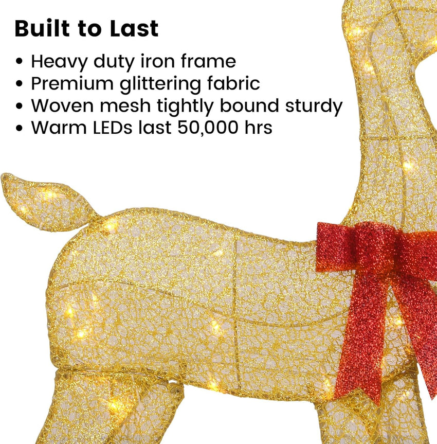 2D Lighted Reindeer Christmas Decorations Outdoor - Large 4FT Gold Deer Family Set with 115 LED Lights - Plug-in Waterproof Yard Decor with Separate Cords - Energy Saving Holiday Display 3 Pack