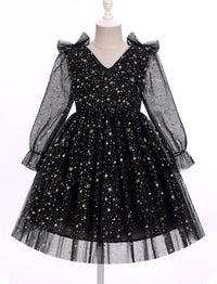 IMEKIS Toddler Kids Girls Tulle Dress Floral Embroidery Sparkly Wedding Party Long Sleeve Fall Photo Shoot Outfit 2-8T