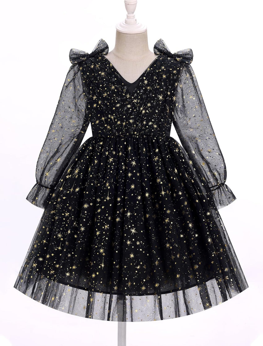 IMEKIS Toddler Kids Girls Tulle Dress Floral Embroidery Sparkly Wedding Party Long Sleeve Fall Photo Shoot Outfit 2-8T