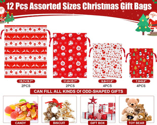 12PCS Christmas Gift Bags Assorted Sizes Bulk, Holiday Gift Bags with Tags, Large Medium Small Xmas Gifts Bag, Fabric Christmas Wrapping Bags Drawstring Gifts Bag for Xmas Presents Party Favors Sack