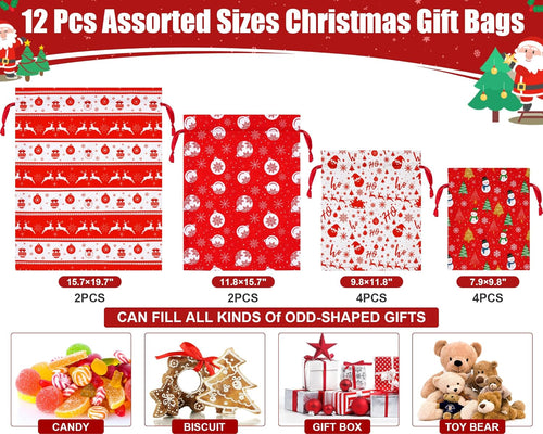 12PCS Christmas Gift Bags Assorted Sizes Bulk, Holiday Gift Bags with Tags, Large Medium Small Xmas Gifts Bag, Fabric Christmas Wrapping Bags Drawstring Gifts Bag for Xmas Presents Party Favors Sack