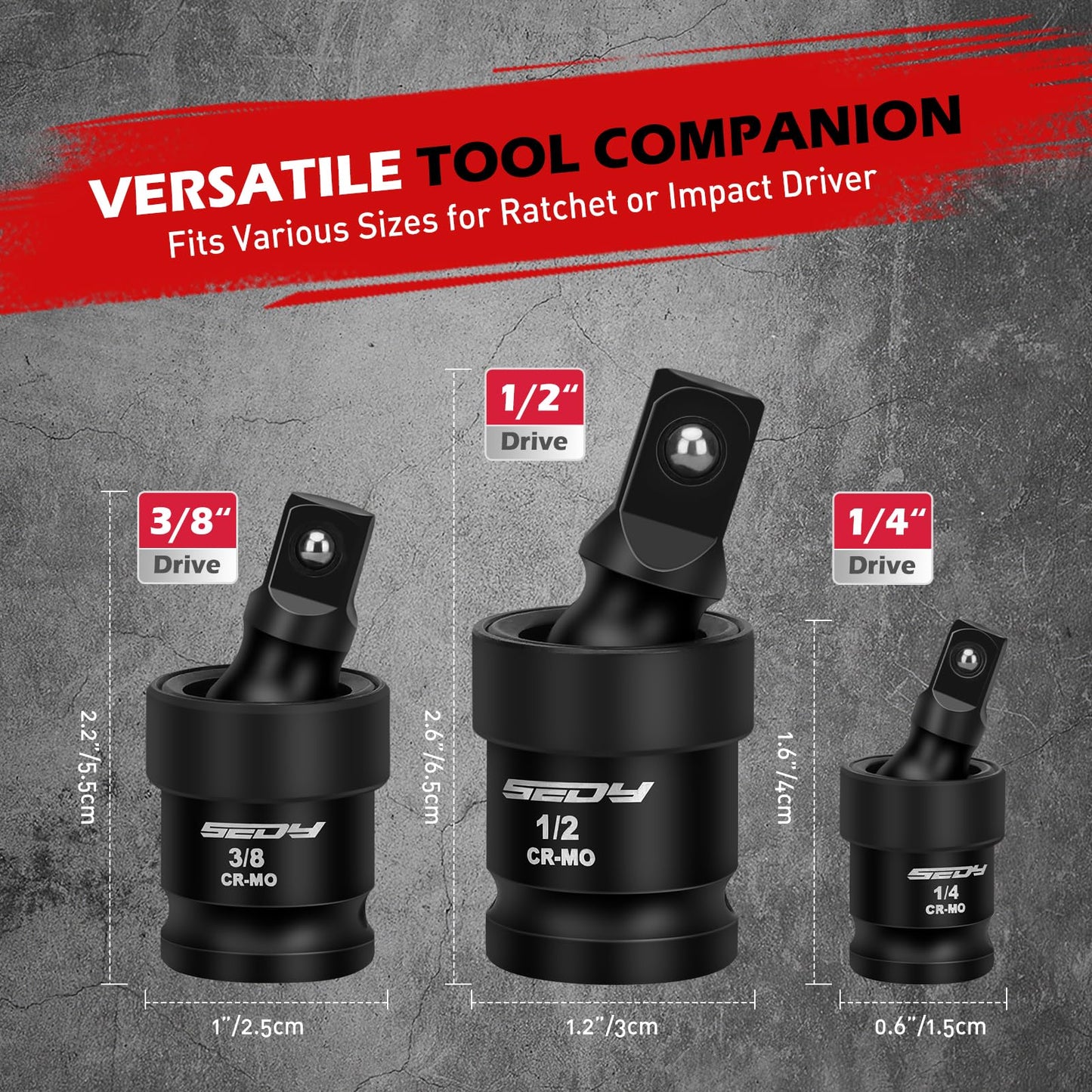 Impact Universal Joint-Socket Swivel Set: 3-Piece 1/2", 3/8", 1/4" Flexible Socket Swivel Set Premium CR-MO Steel U Joint Adapter Wobble