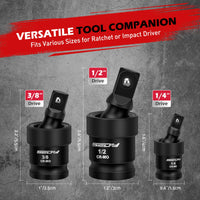 Impact Universal Joint-Socket Swivel Set: 3-Piece 1/2", 3/8", 1/4" Flexible Socket Swivel Set Premium CR-MO Steel U Joint Adapter Wobble
