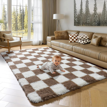 KICMOR Navy Blue and Cream White Rugs for Living Room, 4x6 Fluffy Fuzzy Shag Checkered Rug Shaggy Carpet for Bedroom, Soft Plush Area Rug for Nursery Toddler Room Classroom Study Room Kids Room