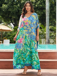 Women's Plus Size Loose Fit Moroccan Print V-Neck Batwing Kaftan Beach Dress Bathing Suit Cover Up