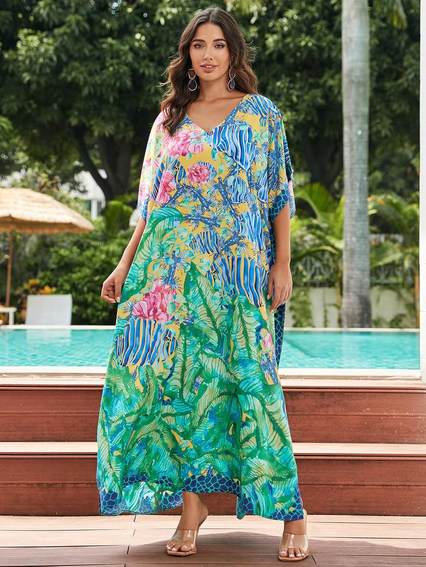 Women's Plus Size Loose Fit Moroccan Print V-Neck Batwing Kaftan Beach Dress Bathing Suit Cover Up