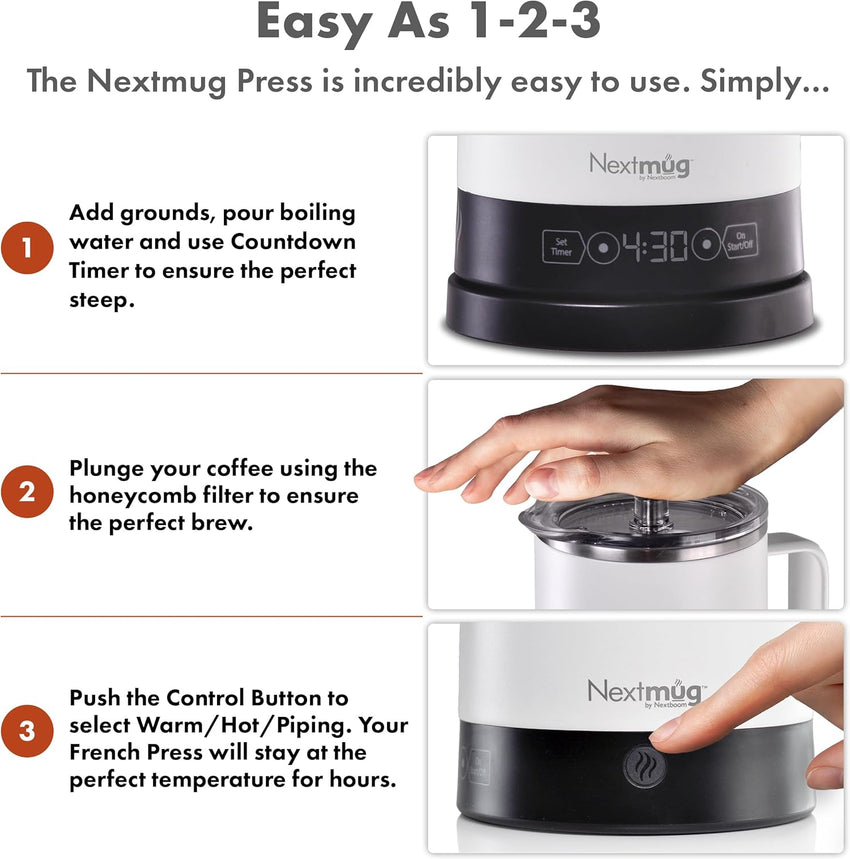 Nextmug Press - Temperature-Controlled, Self-Heating French Press (White - 40 oz.)