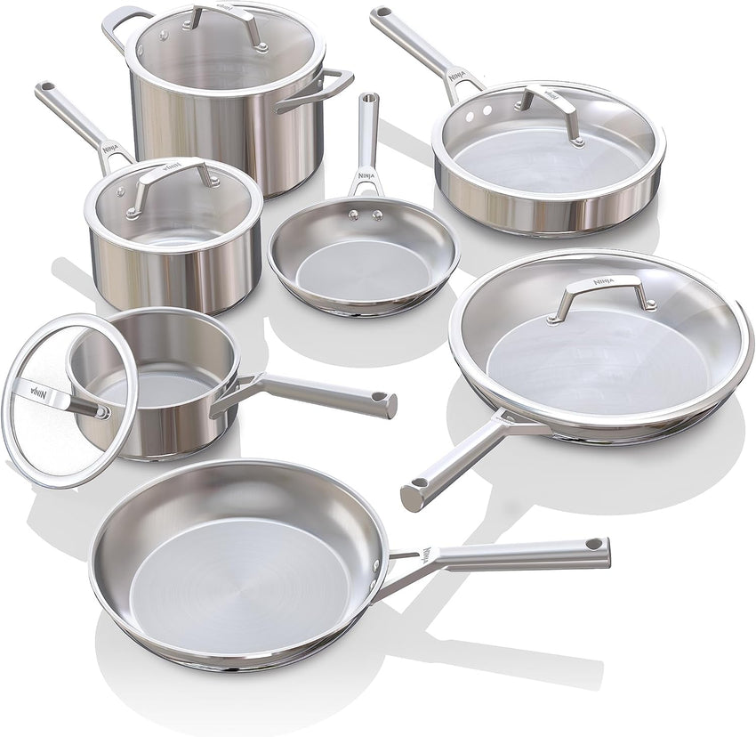 Ninja EverClad Stainless Steel Cookware 12 Piece Pots & Pans Set, All Stovetops & Induction, Oven Safe to 600°F, Tri-Ply Commercial-Grade, C99012