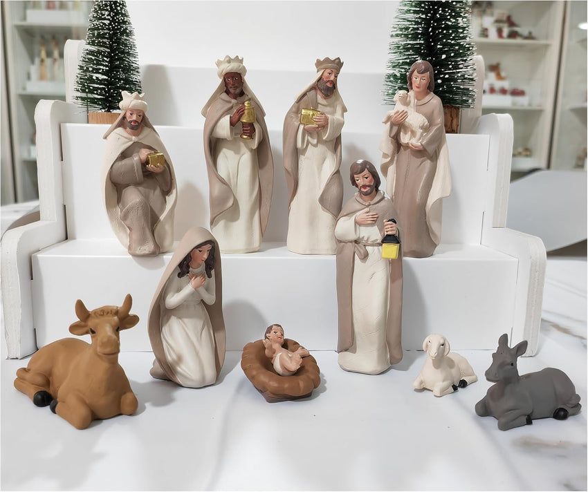 Nativity Sets for Christmas 10 Pieces - Hand Painted Nativity Scene Indoor, 4.8" Classic Figurines Holy Family Jesus Manger Crib Ornament, Xmas Decorations