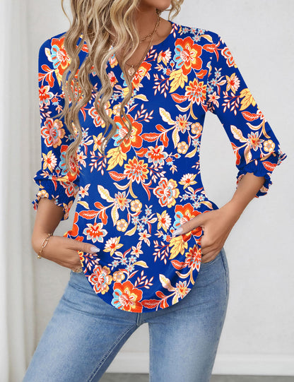 LOMON Blouses for Women Dressy Casual 3/4 Sleeve Tops for Women V Neck T Shirt Ladies Tops and Blouses Orange Blue Print L