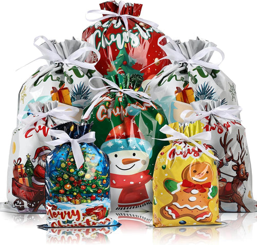 AURUZA 20PCS Christmas Drawstring Gift Bags - Assorted Sizes from Small to Jumbo, with Colorful Designs & Tags, Ideal for Holiday Wrapping & Decorations Party Favors