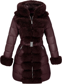 RISISSIDA Women Winter Fur Lined Coat,Puffer Jacket with Long Fur Trim Hooded,Warm Leather Bubble Overcoat Cold-resistant