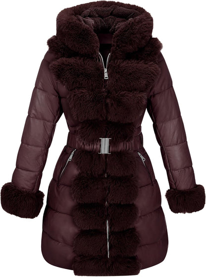 RISISSIDA Women Winter Fur Lined Coat,Puffer Jacket with Long Fur Trim Hooded,Warm Leather Bubble Overcoat Cold-resistant